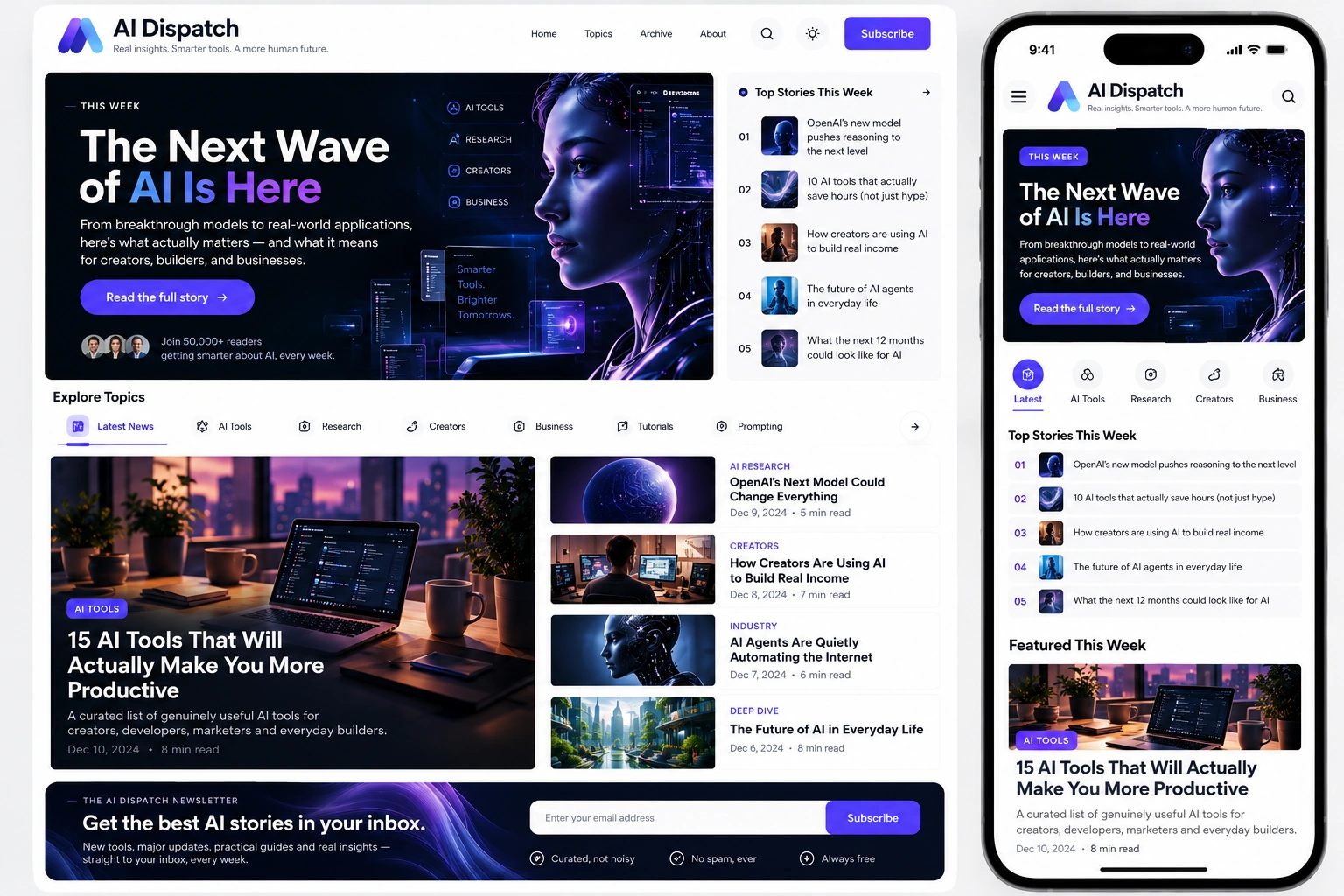 AI Dispatch newsletter website design blueprint preview