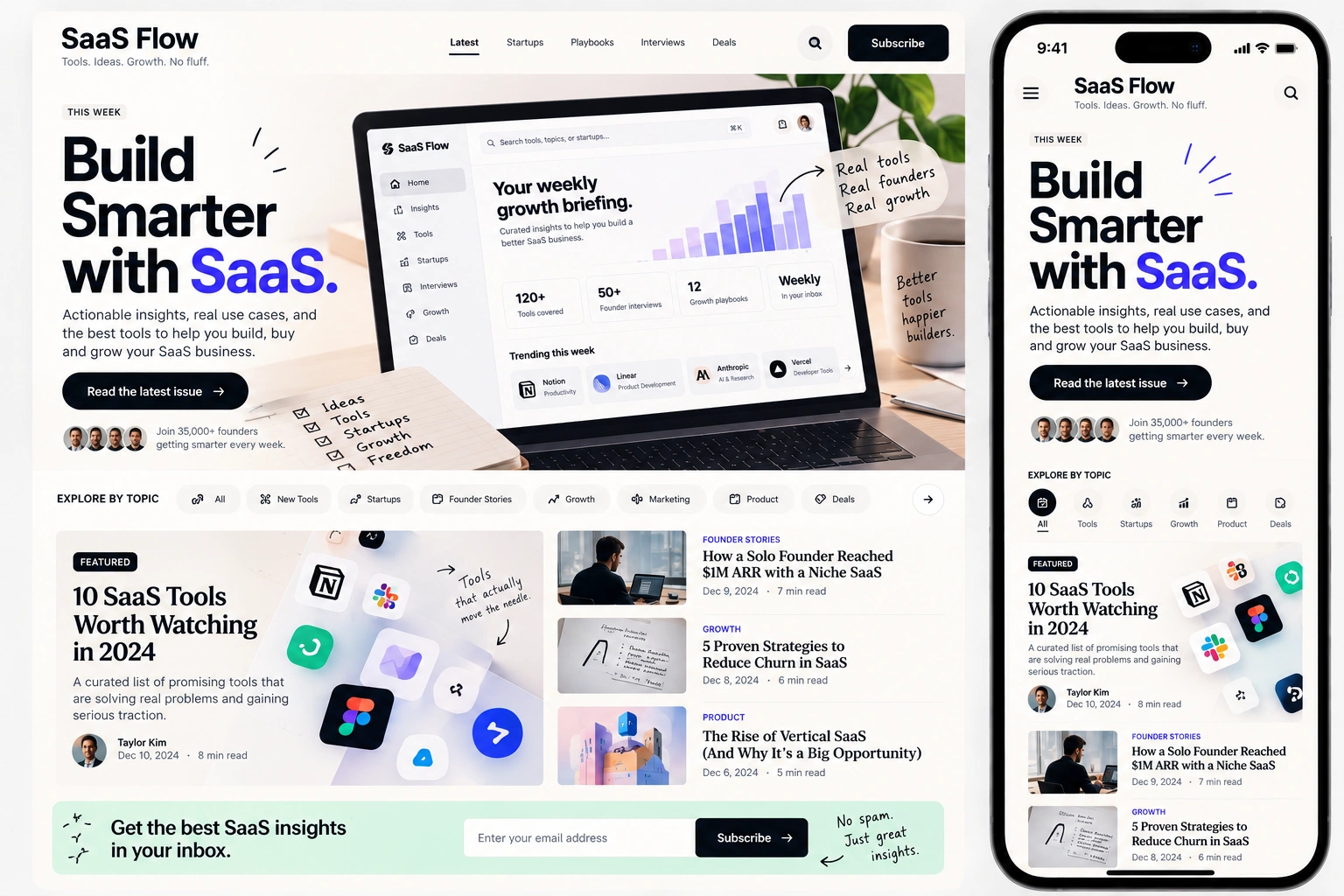 SaaS Flow newsletter website design blueprint preview