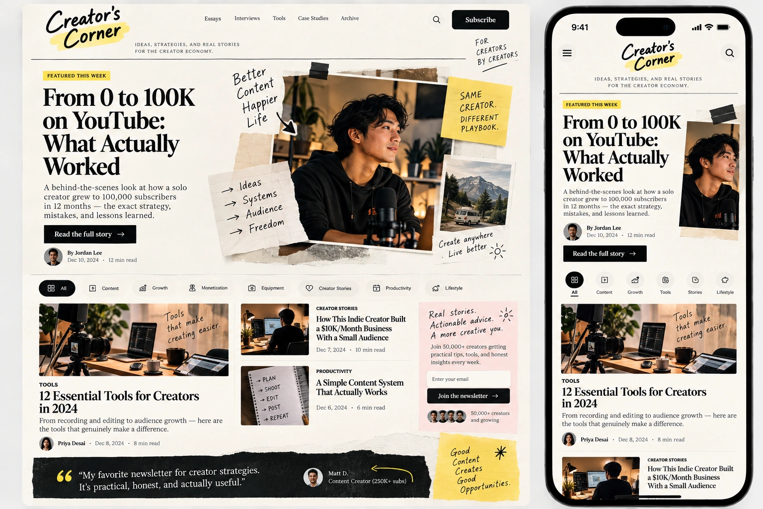Creator's Corner newsletter website design blueprint preview
