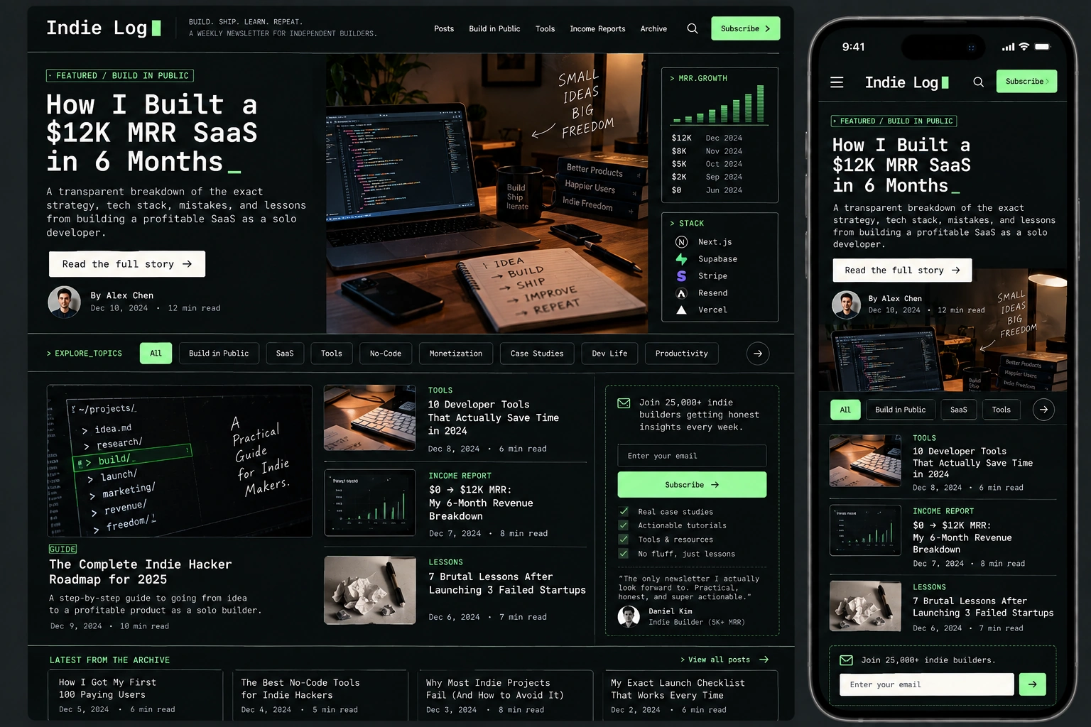 Indie Builders newsletter website template design blueprint