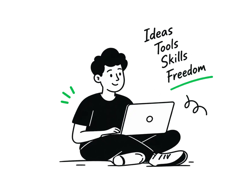 Builder Hustle creator working on laptop with Ideas, Tools, Skills, Freedom illustration