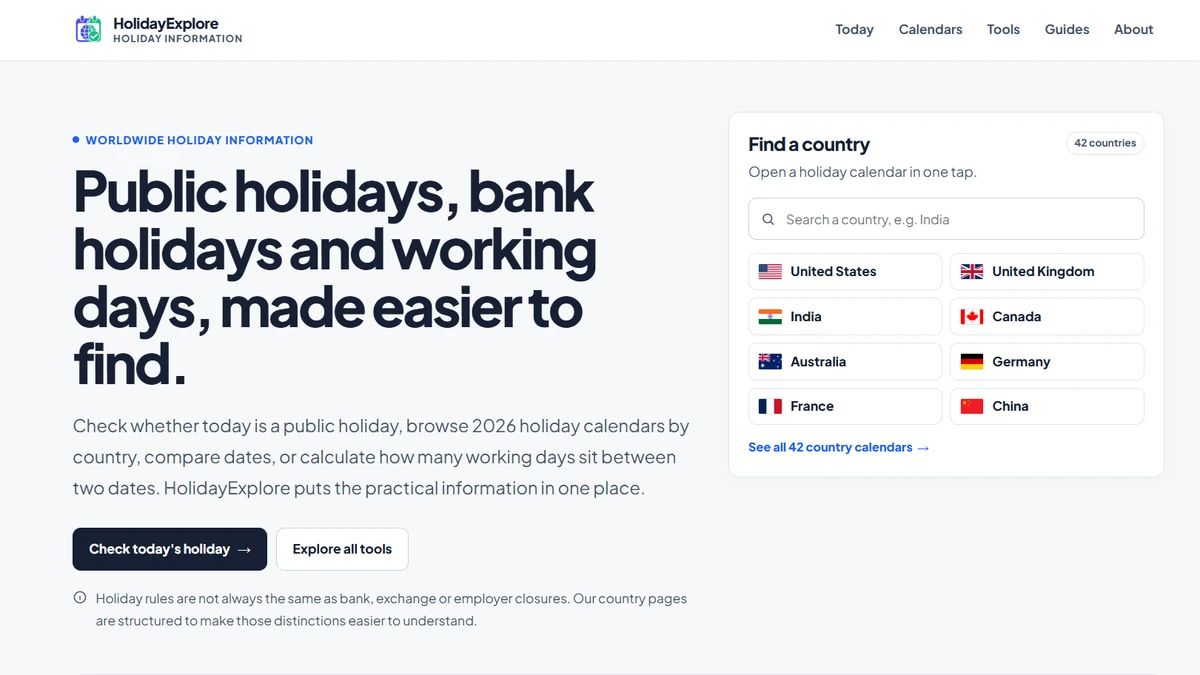 HolidayExplore public holiday and working days calendar web app interface