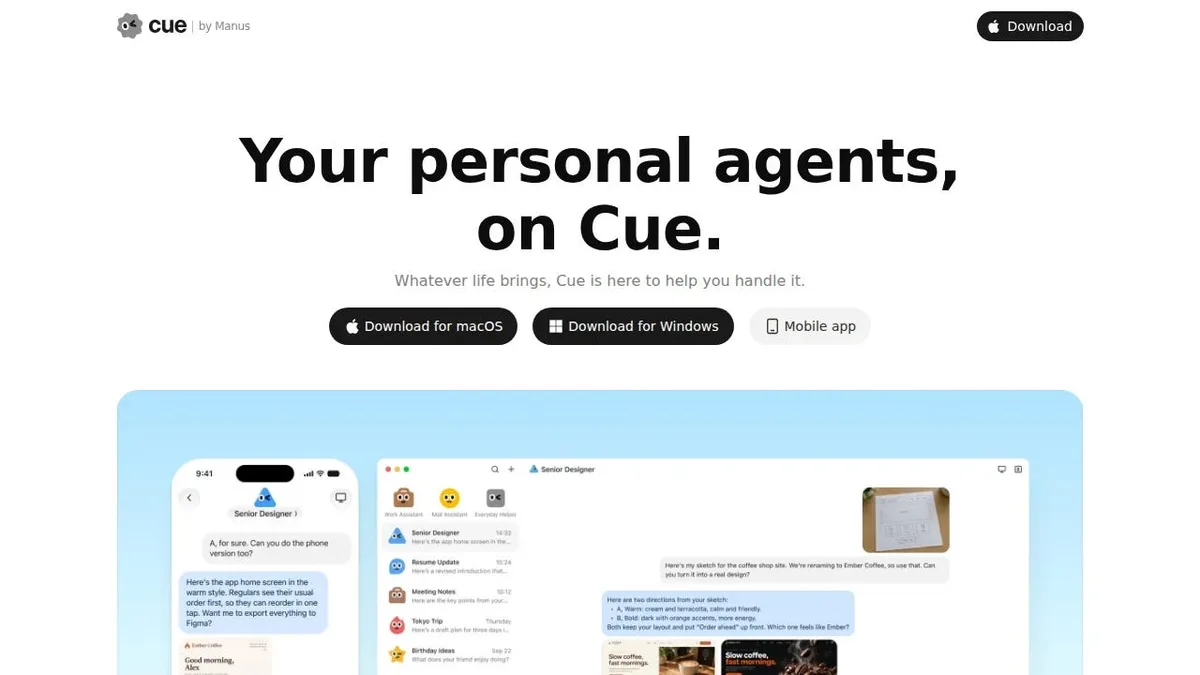 Cue AI agent mobile SMS conversational interface and automated workflow demonstration